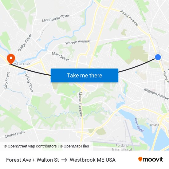 Forest Ave + Walton St to Westbrook ME USA map