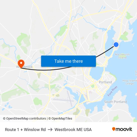 Route 1 + Winslow Rd to Westbrook ME USA map