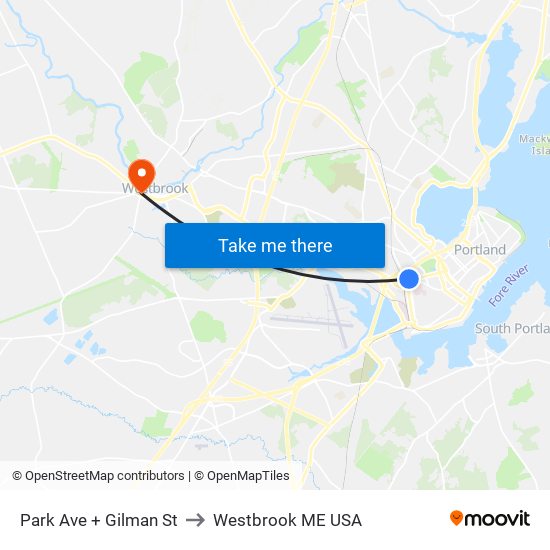 Park Ave + Gilman St to Westbrook ME USA map