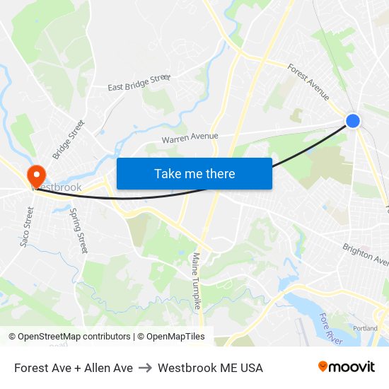 Forest Ave + Allen Ave to Westbrook ME USA map