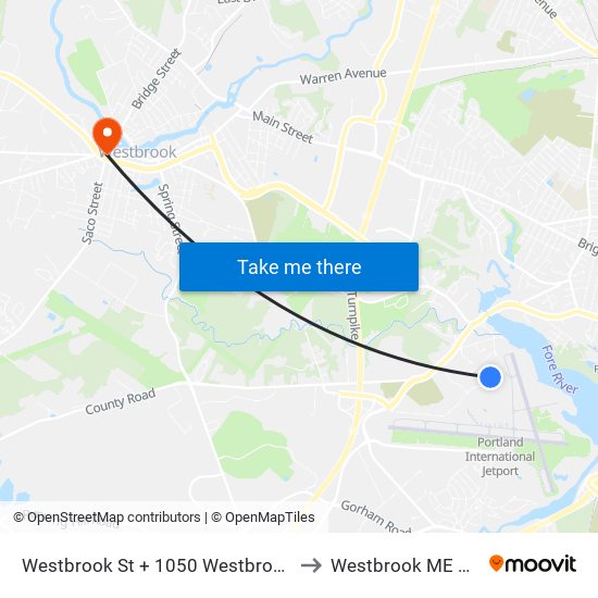 Westbrook St + 1050 Westbrook St to Westbrook ME USA map