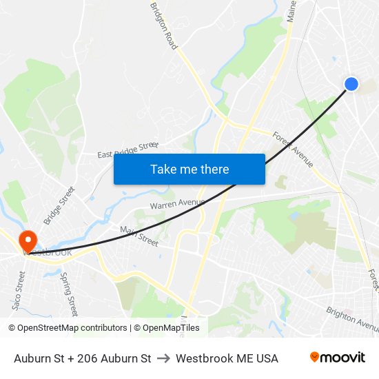 Auburn St + 206 Auburn St to Westbrook ME USA map