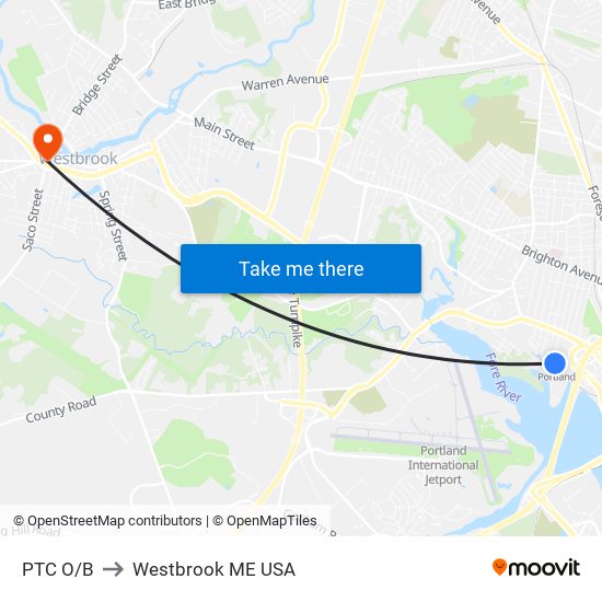 PTC O/B to Westbrook ME USA map