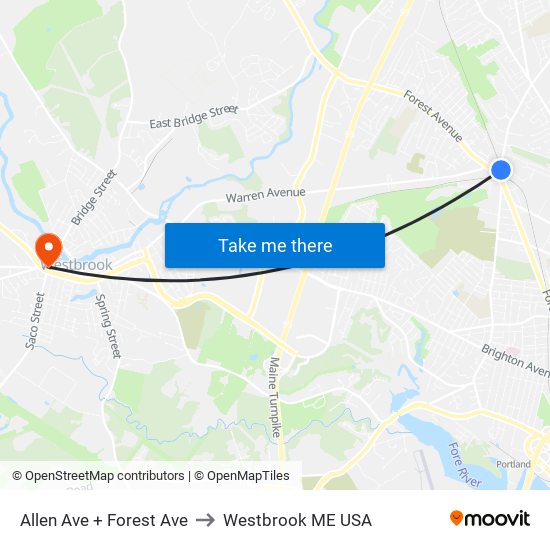 Allen Ave + Forest Ave to Westbrook ME USA map