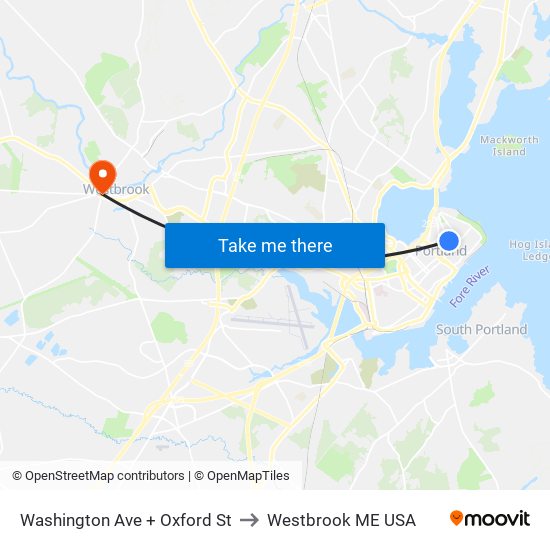 Washington Ave + Oxford St to Westbrook ME USA map