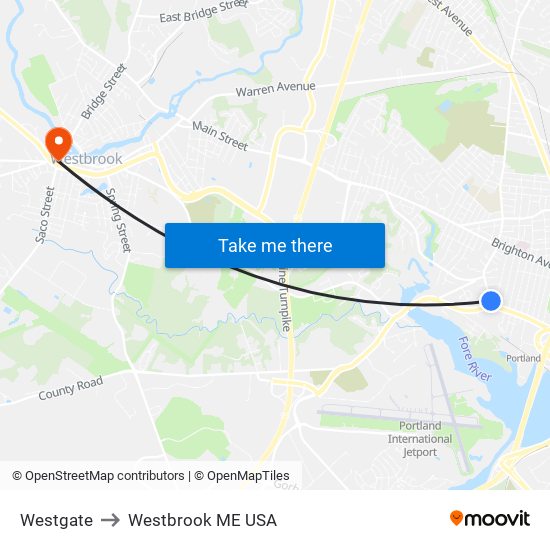 Westgate to Westbrook ME USA map