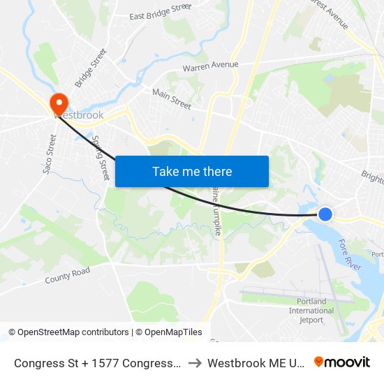 Congress St + 1577 Congress St to Westbrook ME USA map