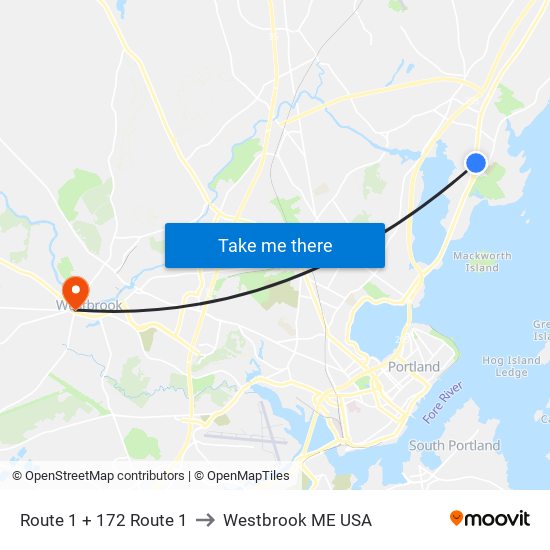 Route 1 + 172 Route 1 to Westbrook ME USA map
