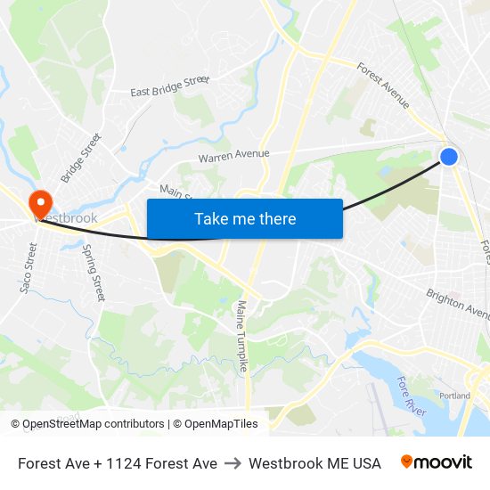 Forest Ave + 1124 Forest Ave to Westbrook ME USA map