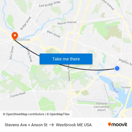 Stevens Ave + Anson St to Westbrook ME USA map