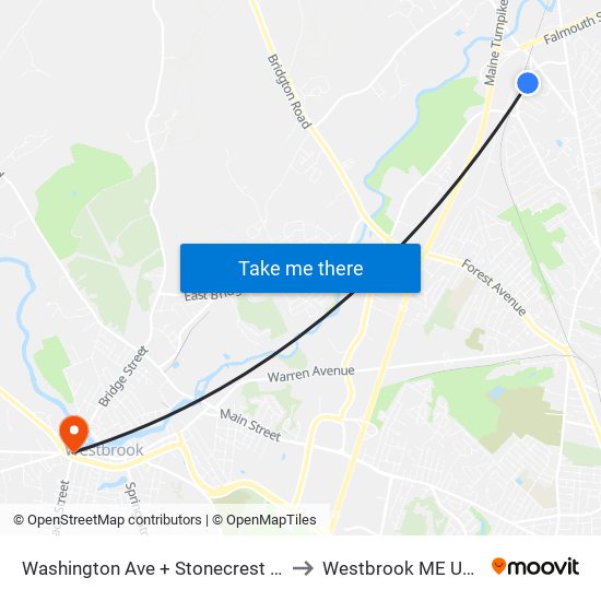 Washington Ave + Stonecrest Dr to Westbrook ME USA map