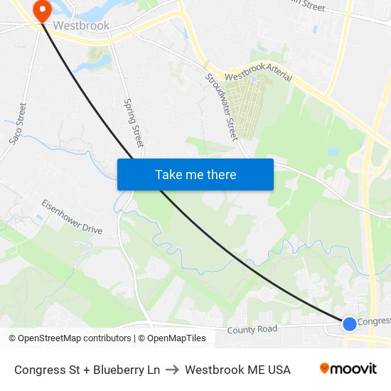 Congress St + Blueberry Ln to Westbrook ME USA map