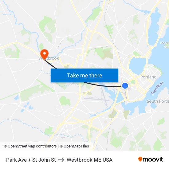 Park Ave + St John St to Westbrook ME USA map