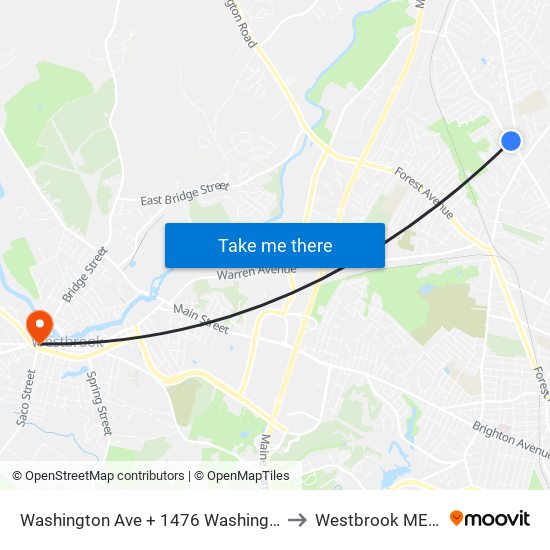 Washington Ave + 1476 Washington Ave to Westbrook ME USA map