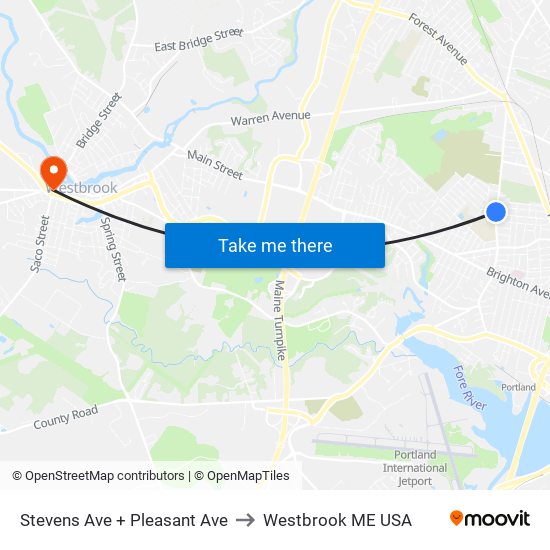 Stevens Ave + Pleasant Ave to Westbrook ME USA map