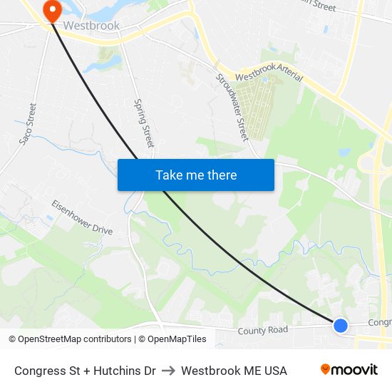 Congress St + Hutchins Dr to Westbrook ME USA map