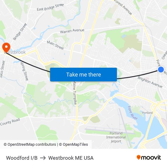 Woodford I/B to Westbrook ME USA map