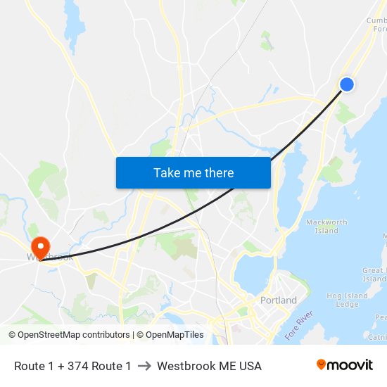 Route 1 + 374 Route 1 to Westbrook ME USA map
