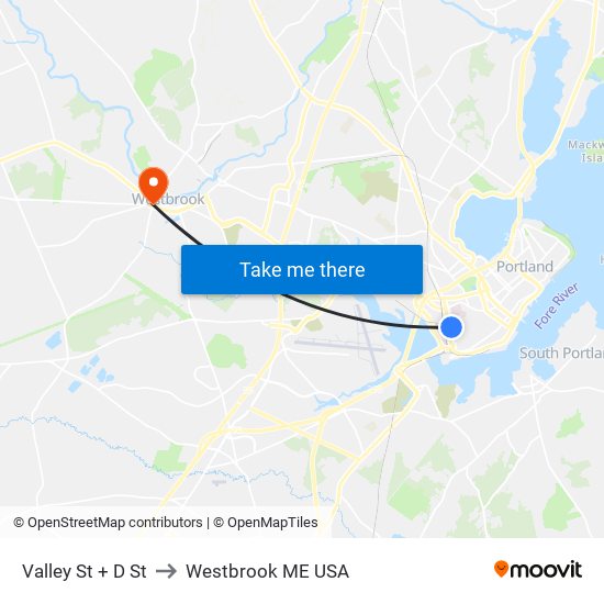 Valley St + D St to Westbrook ME USA map