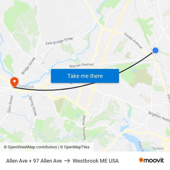 Allen Ave + 97 Allen Ave to Westbrook ME USA map