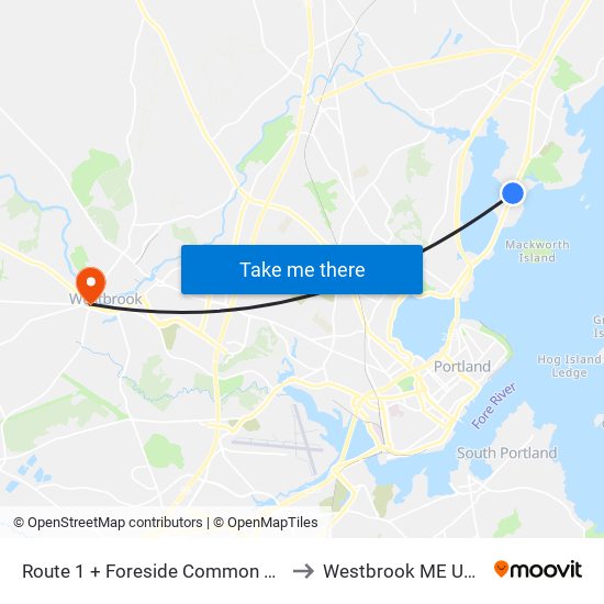 Route 1 + Foreside Common Rd to Westbrook ME USA map