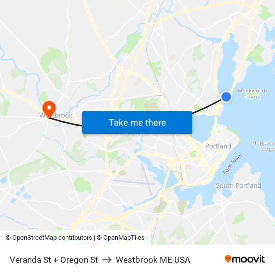 Veranda St + Oregon St to Westbrook ME USA map