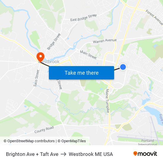 Brighton Ave + Taft Ave to Westbrook ME USA map