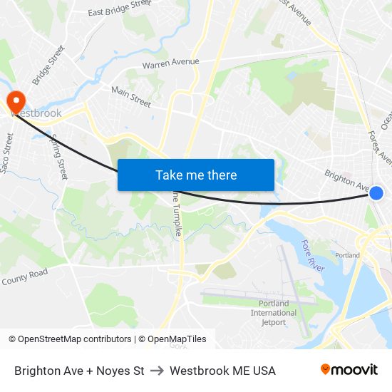 Brighton Ave + Noyes St to Westbrook ME USA map