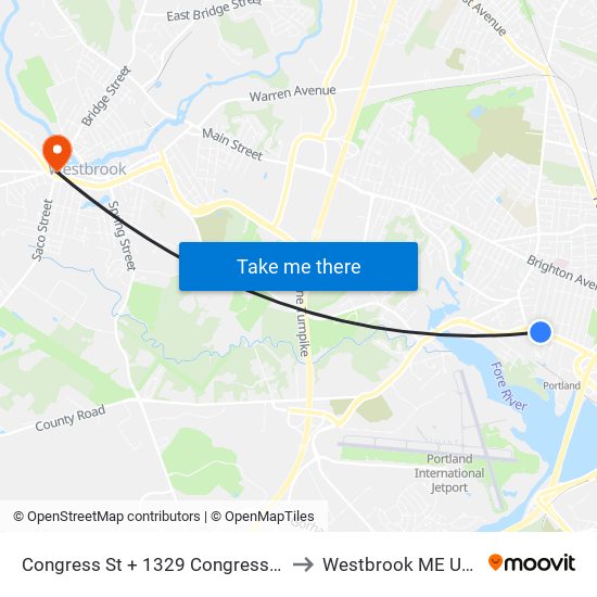 Congress St + 1329 Congress St to Westbrook ME USA map