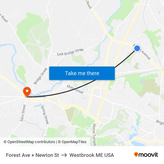 Forest Ave + Newton St to Westbrook ME USA map