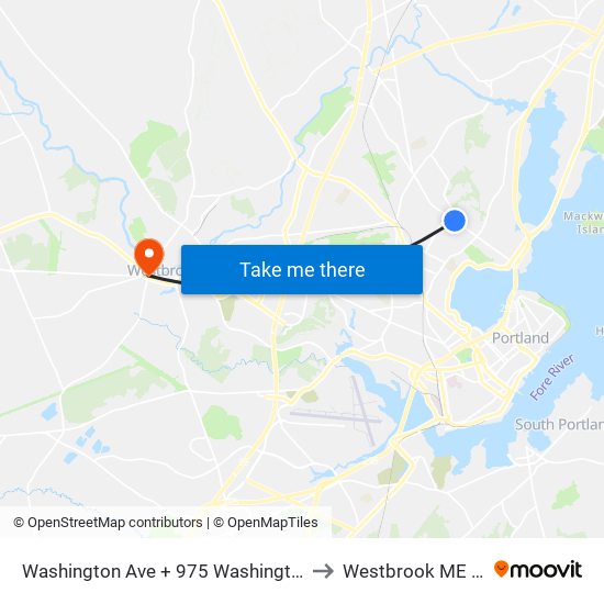 Washington Ave + 975 Washington Ave to Westbrook ME USA map