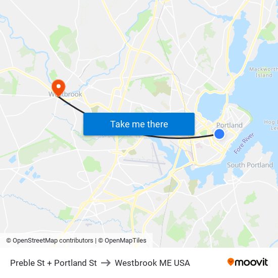 Preble St + Portland St to Westbrook ME USA map