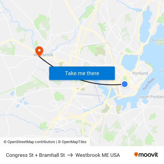 Congress St + Bramhall St to Westbrook ME USA map