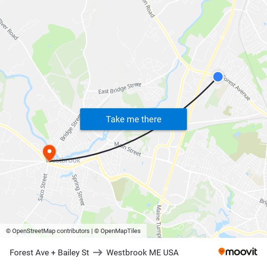 Forest Ave + Bailey St to Westbrook ME USA map