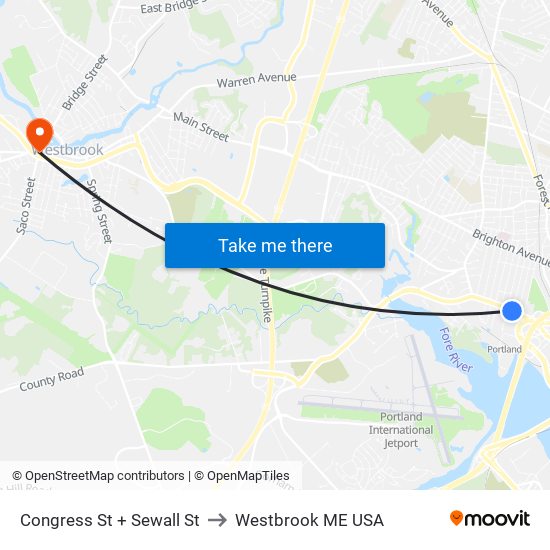 Congress St + Sewall St to Westbrook ME USA map