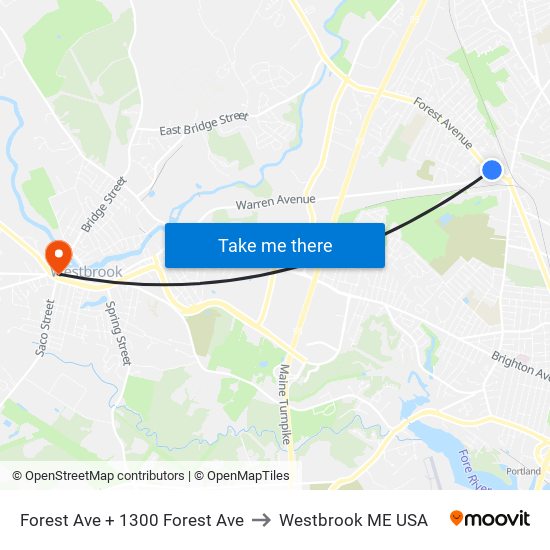 Forest Ave + 1300 Forest Ave to Westbrook ME USA map