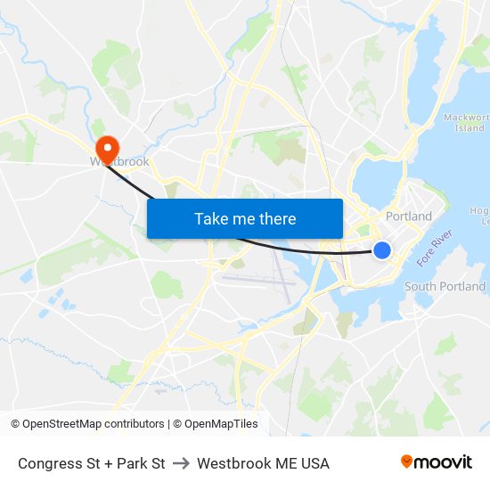 Congress St + Park St to Westbrook ME USA map