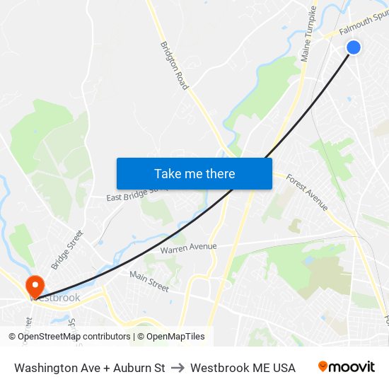Washington Ave + Auburn St to Westbrook ME USA map