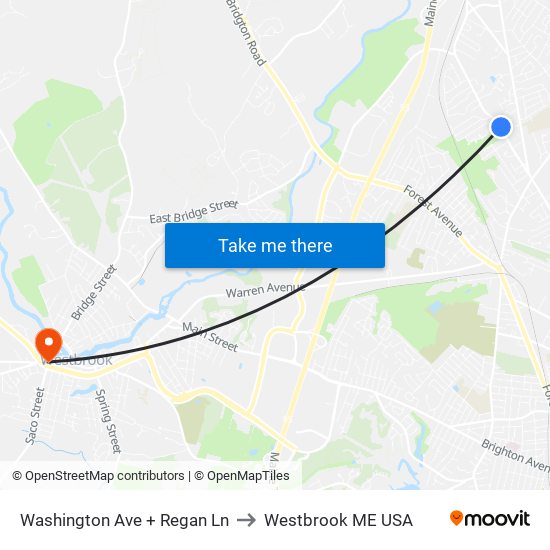 Washington Ave + Regan Ln to Westbrook ME USA map