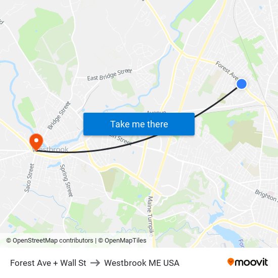 Forest Ave + Wall St to Westbrook ME USA map