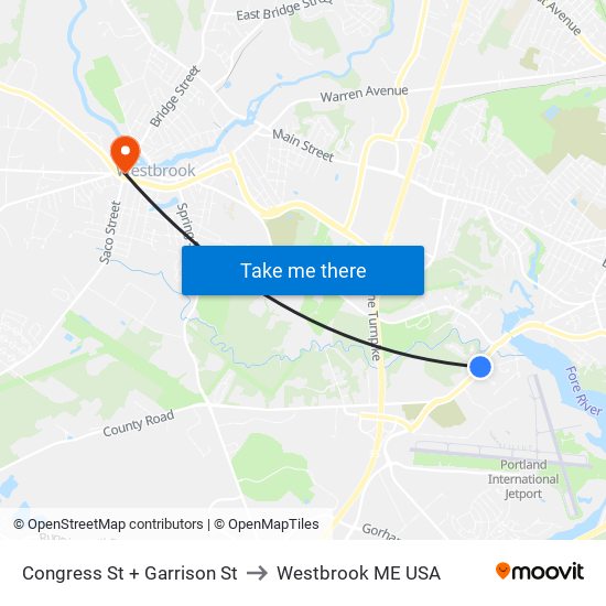 Congress St + Garrison St to Westbrook ME USA map