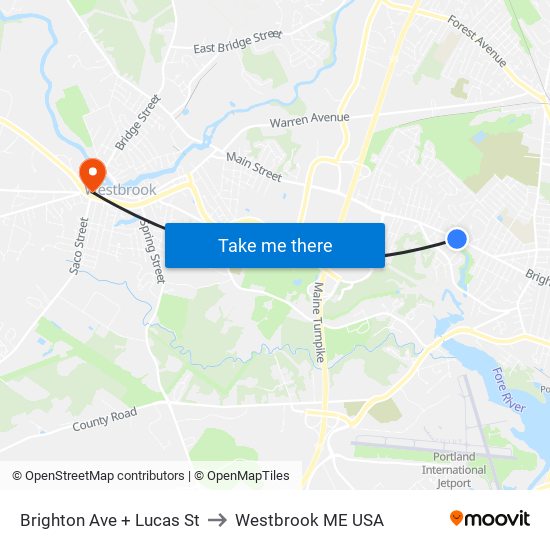 Brighton Ave + Lucas St to Westbrook ME USA map