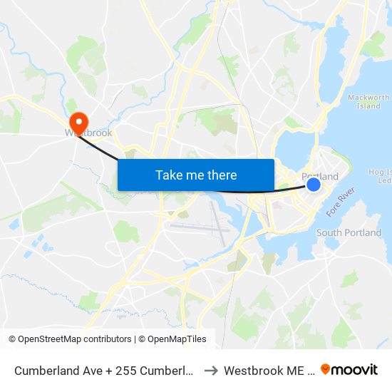 Cumberland Ave + 255 Cumberland Ave to Westbrook ME USA map