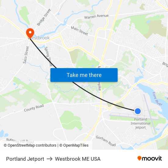 Portland Jetport to Westbrook ME USA map