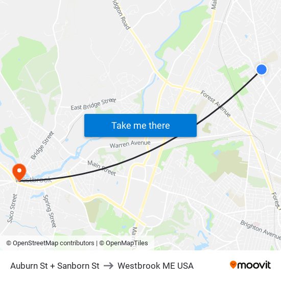 Auburn St + Sanborn St to Westbrook ME USA map