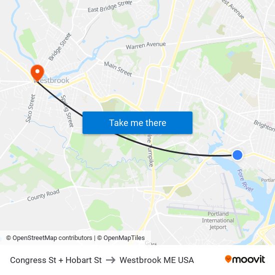 Congress St + Hobart St to Westbrook ME USA map