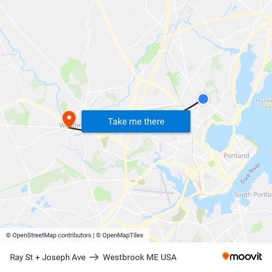 Ray St + Joseph Ave to Westbrook ME USA map