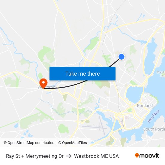Ray St + Merrymeeting Dr to Westbrook ME USA map