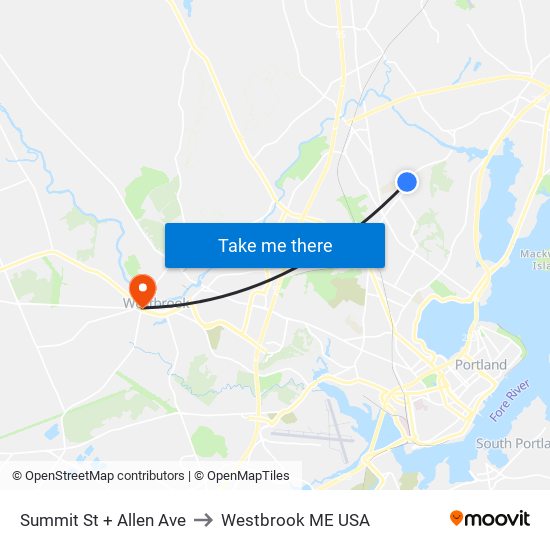 Summit St + Allen Ave to Westbrook ME USA map