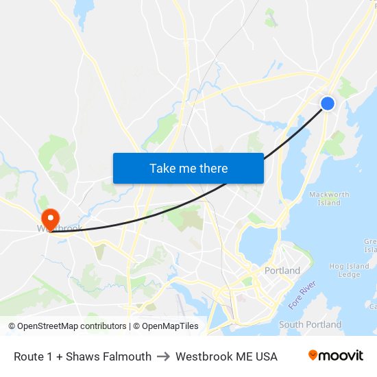 Route 1 + Shaws Falmouth to Westbrook ME USA map